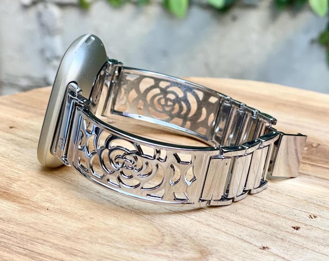 Floral Silver Fitbit Versa 4 Band, Women's Bracelet, Adjustable Size Bangle