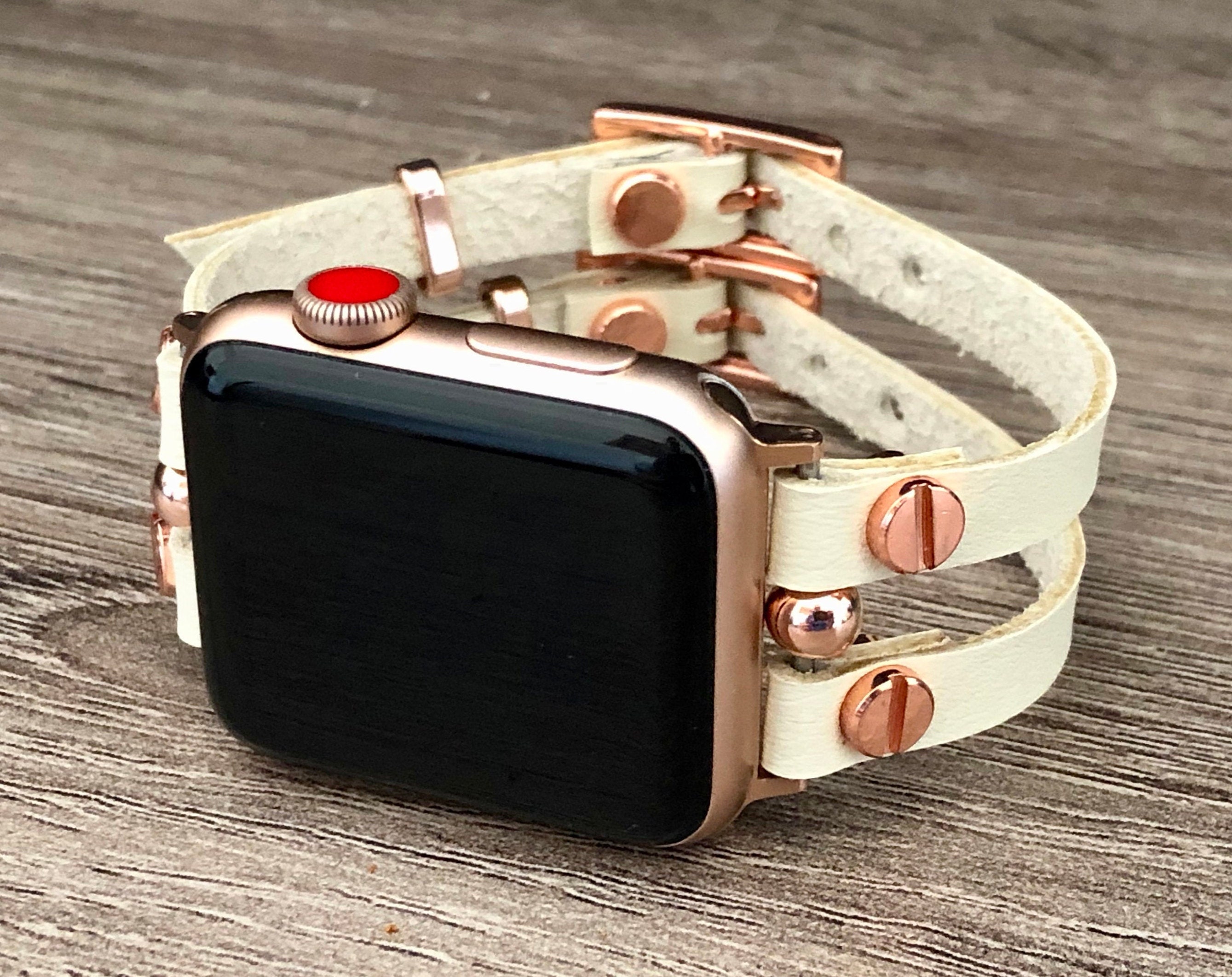 Apple Watch Band Rose Gold & White Leather iWatch Bracelet Jewelry Apple Watch 38mm 40mm 42mm