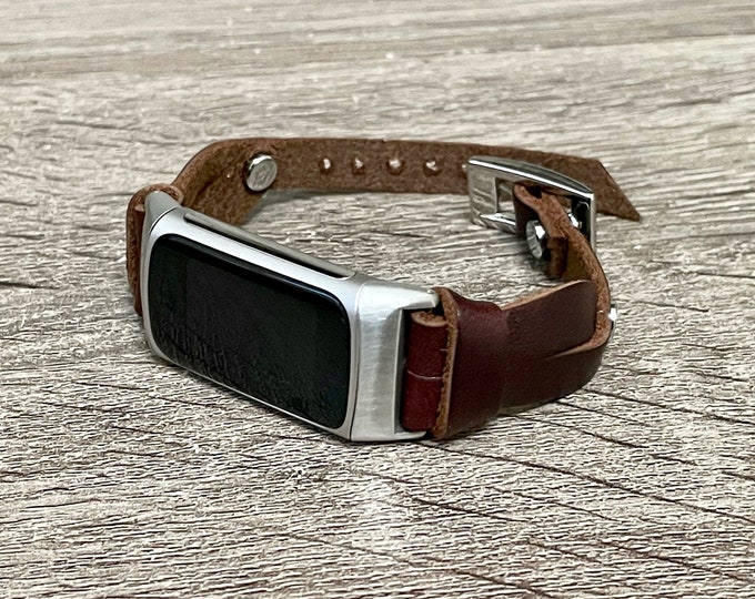 Dark Brown Italian Leather Fitbit Charge 6 Band: Silver Accents Strap Bracelet