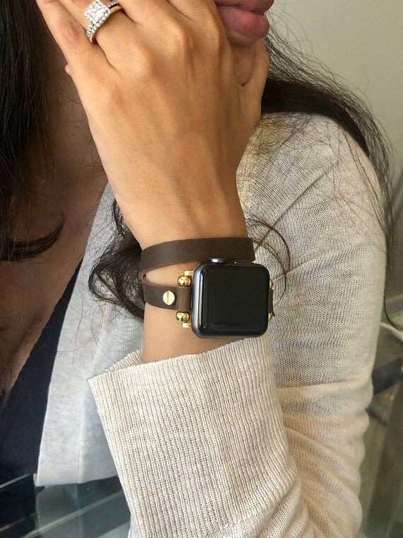 Oro Apple Watch Banda Marrón Cuero \u0026 Oro iWatch Pulsera Doble | Etsy México