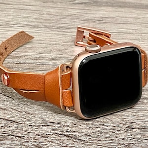 Slim Apple Watch Band for Women 9/8/7/SE Series, Rose Gold & Light Brown Leather iWatch Strap Bracelet, 38mm 40mm 41mm 42mm 44mm 45mm image 4