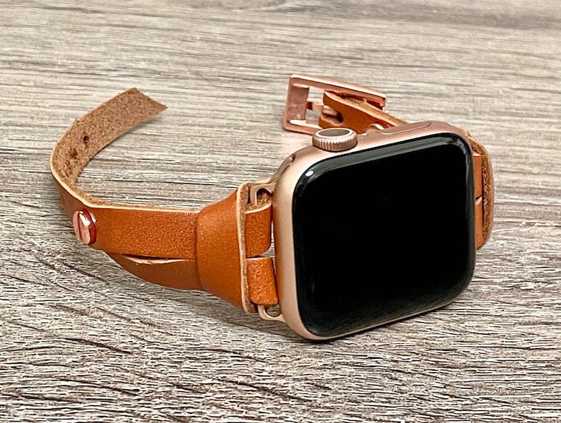 Slim Apple Watch Band for Women 9/8/7/SE Series, Rose Gold & Light Brown Leather iWatch Strap Bracelet, 38mm 40mm 41mm 42mm 44mm 45mm image 4