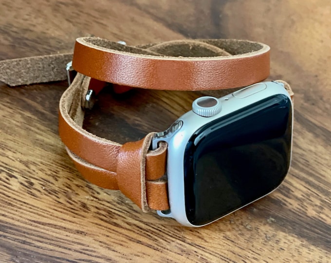 Slim Brown Leather Double Wrap Apple Watch Band 38mm 40mm 41mm 44mm 45mm Ultra, Apple Watch Strap, Women iWatch Bracelet Apple Watch Armband