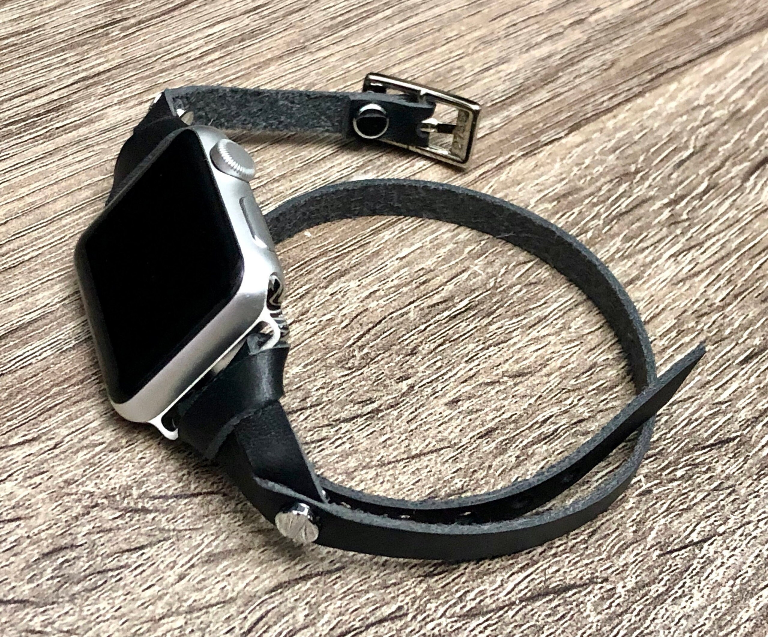 Black Leather Apple Watch Band 38mm 40mm 41mm 42mm 44mm 45mm Double Wrap iWatch Bracelet Silver