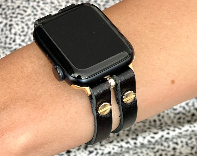 Apple Watch Band for Women Gold Black Leather Double Straps 38mm 40mm 41mm 42mm 44mm 45mm 49mm Ultra, Elegant Apple Watch Bracelet Band