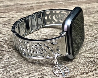Cinturino argento per Fitbit Versa 2, bracciale rigido regolabile con ciondolo