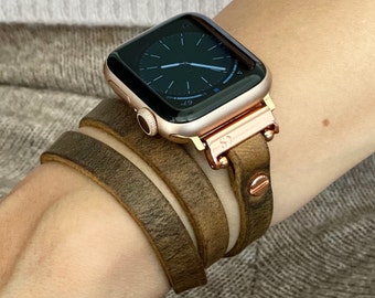 Women Apple Watch Band Distressed Leather Rose Gold Rustic iWatch Strap Watchband Multi Wrap Vintage Looking Bracelet Ultra 2 41mm 45mm 40mm