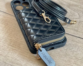 Personalized Leather iPhone Wallet Case with Shoulder Strap, Pro Plus Max Air