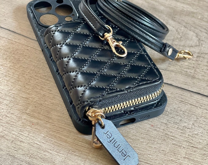 Shoulder Strap iPhone Case for 12/13/14/15/16 - Pro, Plus, Max - Crossbody Personalized Leather Phone Case Zipper Wallet Custom Gift for Her