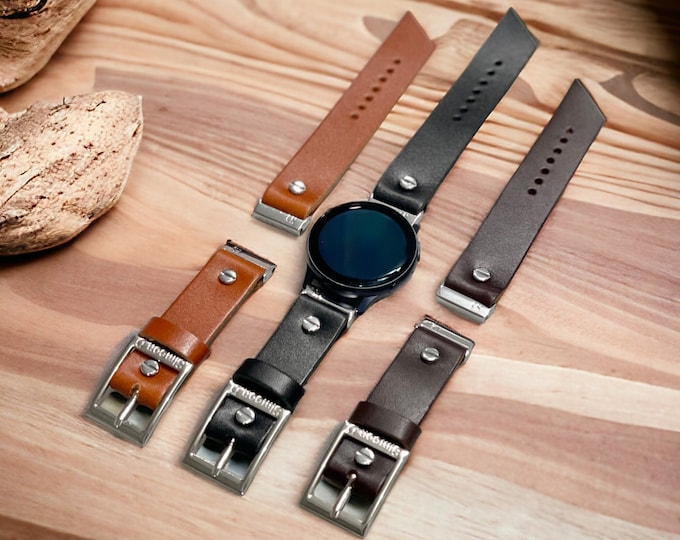 Genuine Leather Samsung Galaxy Watch 7 Band Galaxy Watch 6 Strap 40mm 44mm, 20mm Watch Band, Unisex Styles Black - Light Brown - Dark Brown