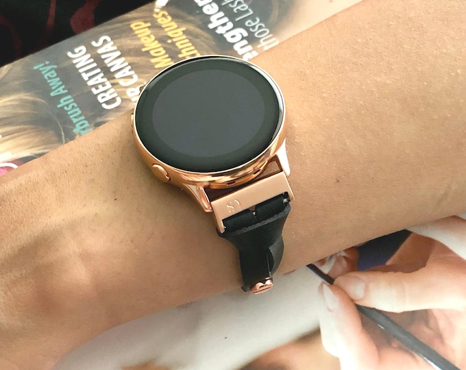 Black Samsung Galaxy Watch Band: Slim Leather Strap, Rose Gold Bracelet