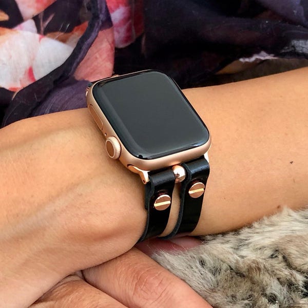 ブラックレザー製Apple Watchバンド：ローズゴールドダブルストラップブレスレット