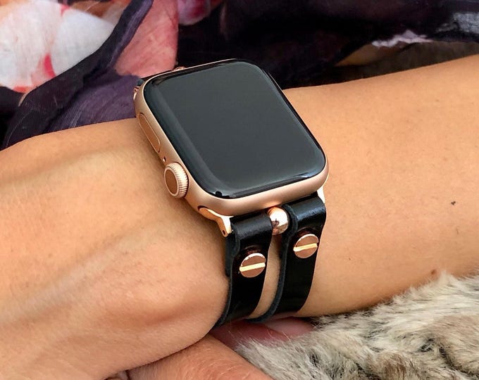 Black Leather Apple Watch Band: Rose Gold Double Straps Bracelet