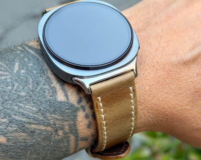 Genuine Leather Galaxy Watch 9 Band, Rustic Brown Stitched Watch Strap for Men