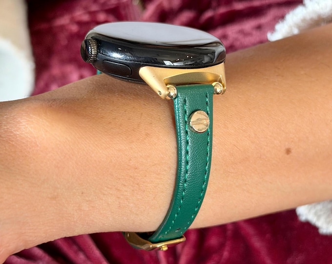Slim Emerald Green Pixel Watch Band 4/3/2/1 Leather Strap for Women, Adjustable Size Wristband
