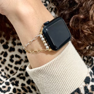 Elegante cinturino per Apple Watch da donna Bracciale a catena in metalli misti in argento sterling e oro, cinturino per Apple Watch bicolore immagine 6