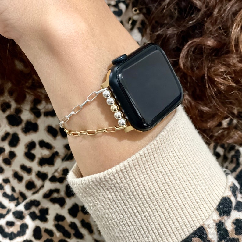 Elegante cinturino per Apple Watch da donna Bracciale a catena in metalli misti in argento sterling e oro, cinturino per Apple Watch bicolore immagine 6