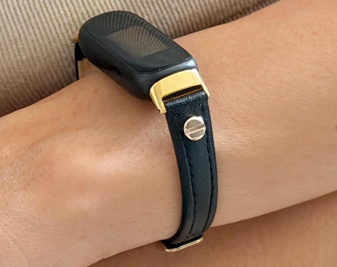 Black Leather Fitbit Inspire 3 Band Slim Gold Accent Bracelet for Women