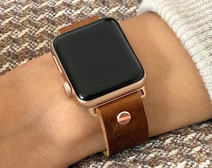 High Quality Grain Leather Apple Watch Bracelet Women iWatch Band Strap Cuff, Classy Caramel Brown Color Wristband With Rose Gold Accents