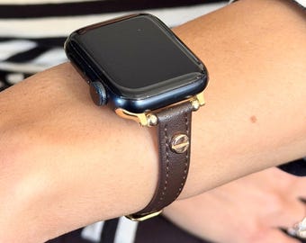 Slim Leather Apple Watch Band with Gold Accents, Adjustable Women iWatch Strap