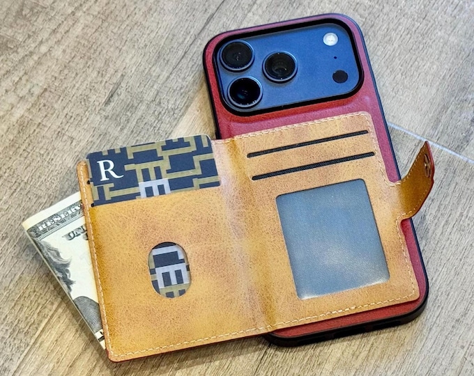 Personalized Leather Wallet iPhone Case, Father's Day Gift for Him, Custom Engraved Men's Phone Cover 17 16 15 Pro Max Plus Air