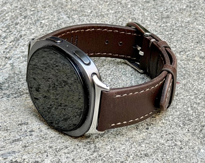 Genuine Leather Galaxy Watch 9 Band, Dark Brown Stitched Watch Strap for Men
