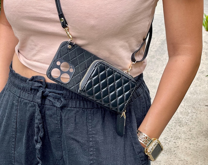 Crossbody Shoulder Strap Leather iPhone Case for 16 Pro 15  Plus 14 Max 13, 12 - Personalized Phone Case, Zipper Wallet iPhone Case