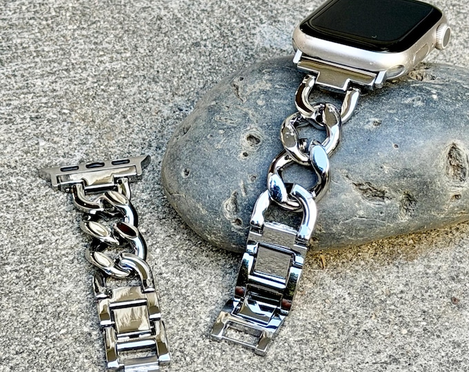 Silver Chain Apple Watch Band, Adjustable links Metal Charm Bracelet