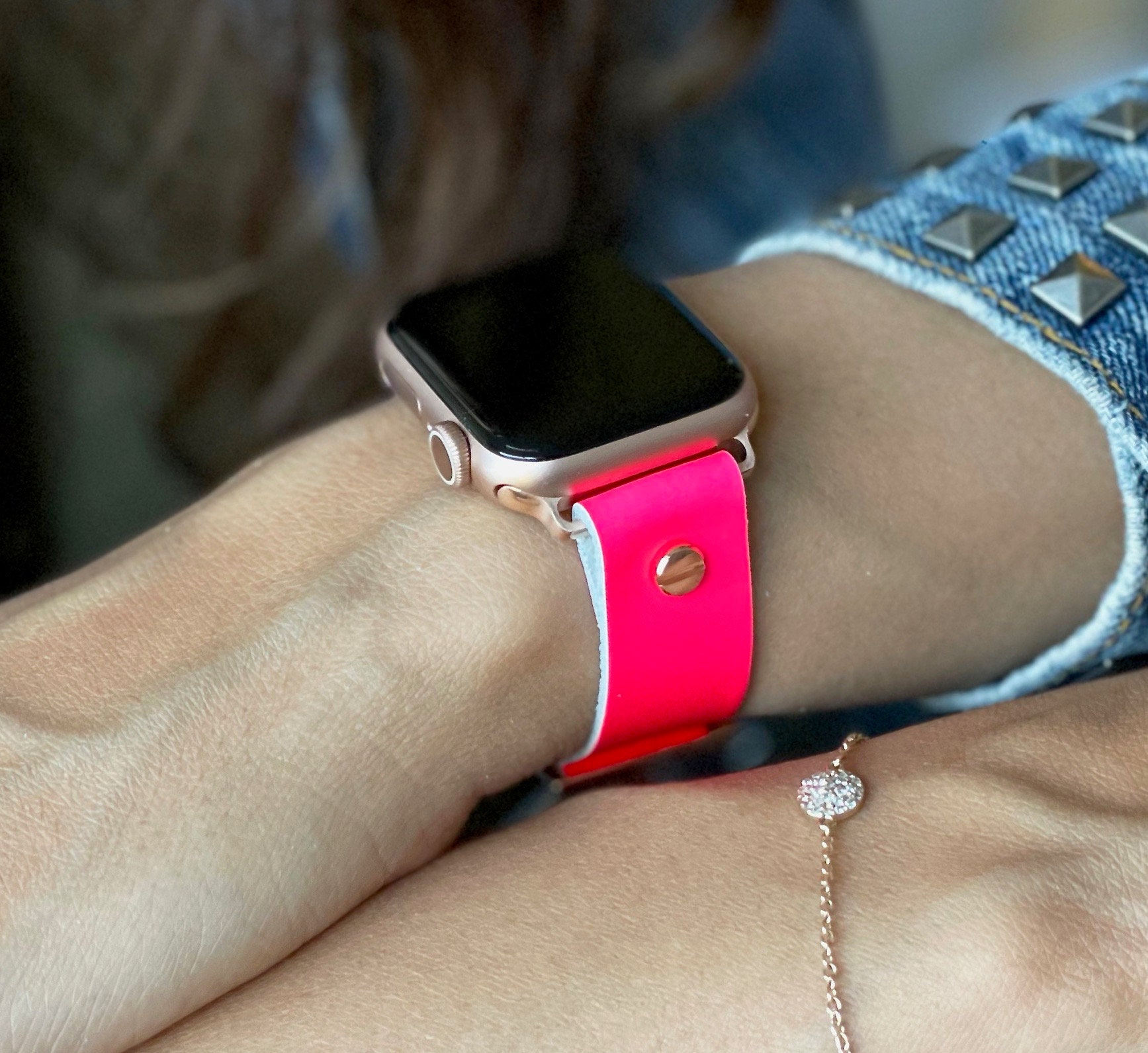 Neon Pink Apple Watch Band 38mm 40mm 42mm 44mm Rose Gold Apple Watch Bracelet Women Iwatch Strap Jewelry Leather Apple Watch Wristband Etsy Canada