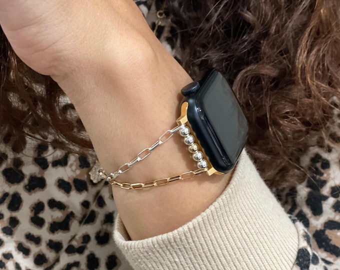 Two Tone Paperclip Chain Band for Apple Watch, 14K Gold Filled & Sterling Silver Bracelet