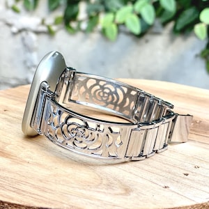 Silver Floral Fitbit Versa 4 Band, Versa 3 Bracelet, Sense 2 Bangle for Women
