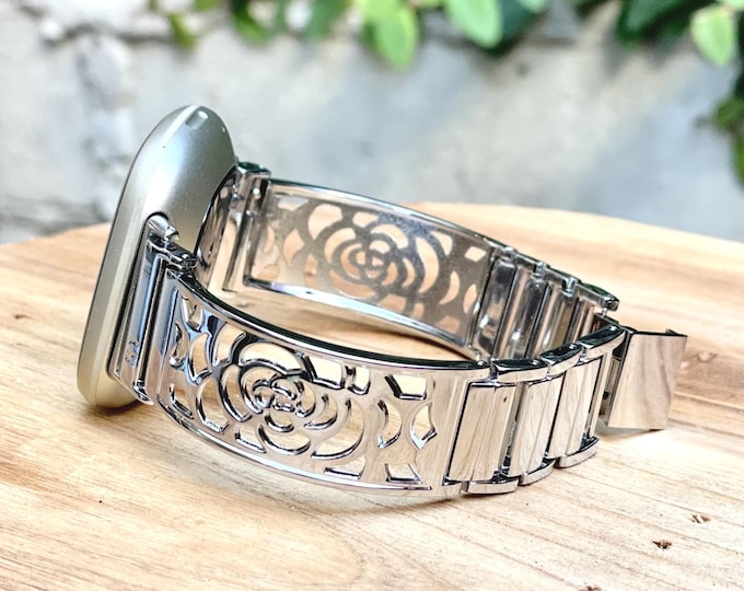 Silver Floral Fitbit Versa 4 Band, Versa 3 Bracelet, Sense 2 Bangle for Women