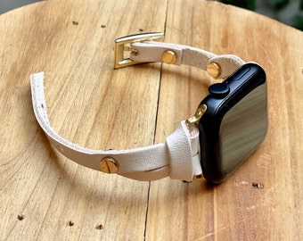 Leather Apple Watch Band Handmade Women Strap Bracelet 38mm 40mm 41mm 42mm 44mm 45mm 49mm Ultra, Slim Off-White Genuine Leather Gold Accents