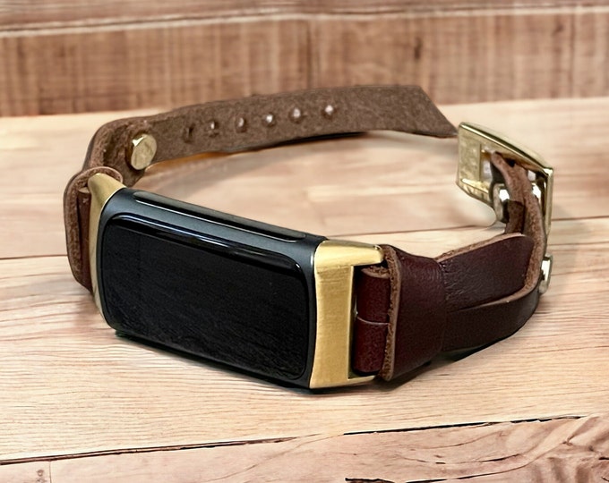 Fitbit Charge 6 Band Gold Slim Dark Brown Italian Leather Strap, Women’s Stylish & Durable Fitbit Charge 6 Bracelet
