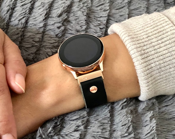Rose Gold Samsung Galaxy Watch 6 Band Black Leather Galaxy Watch 5 Bracelet 40mm 44mm Adjustable Rose Gold Watch Band, 20mm Watch Band