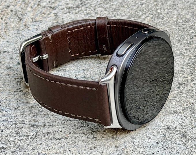 Walnut Color Leather Galaxy Watch 8 Band, Classy Adjustable Strap for Men