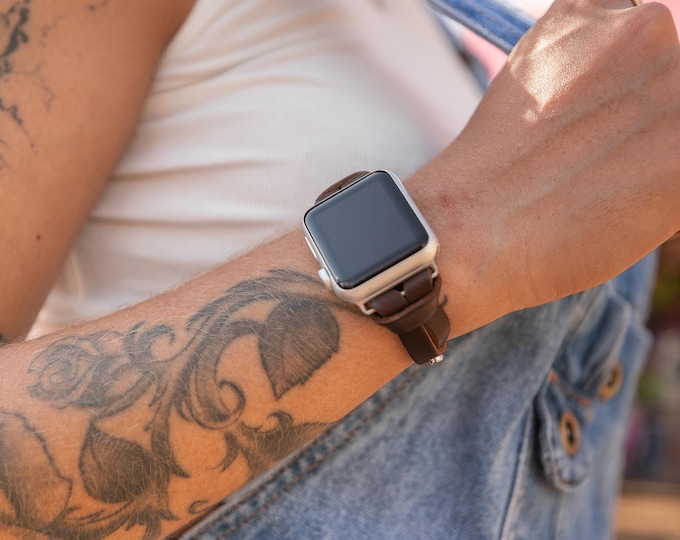 Apple Watch Band 46mm 42mm 38mm 40mm 41mm 44mm 45mm Ultra - Coffee Brown Leather Strap for Women, Slim Watch Bracelet, Gift for Her