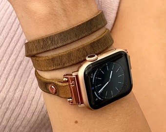 Rustikales Braun Lederarmband für Apple Watch: Rosegold Multi-Wickelarmband, schmales Vintage-Armband