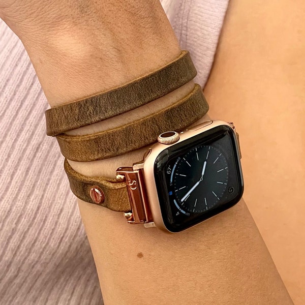 Slim Multi Wrap Apple Watch Leather Bracelet Women Rustic Brown iWatch Strap Band Rose Gold Watch Straps, Woman Wrap Around Bands