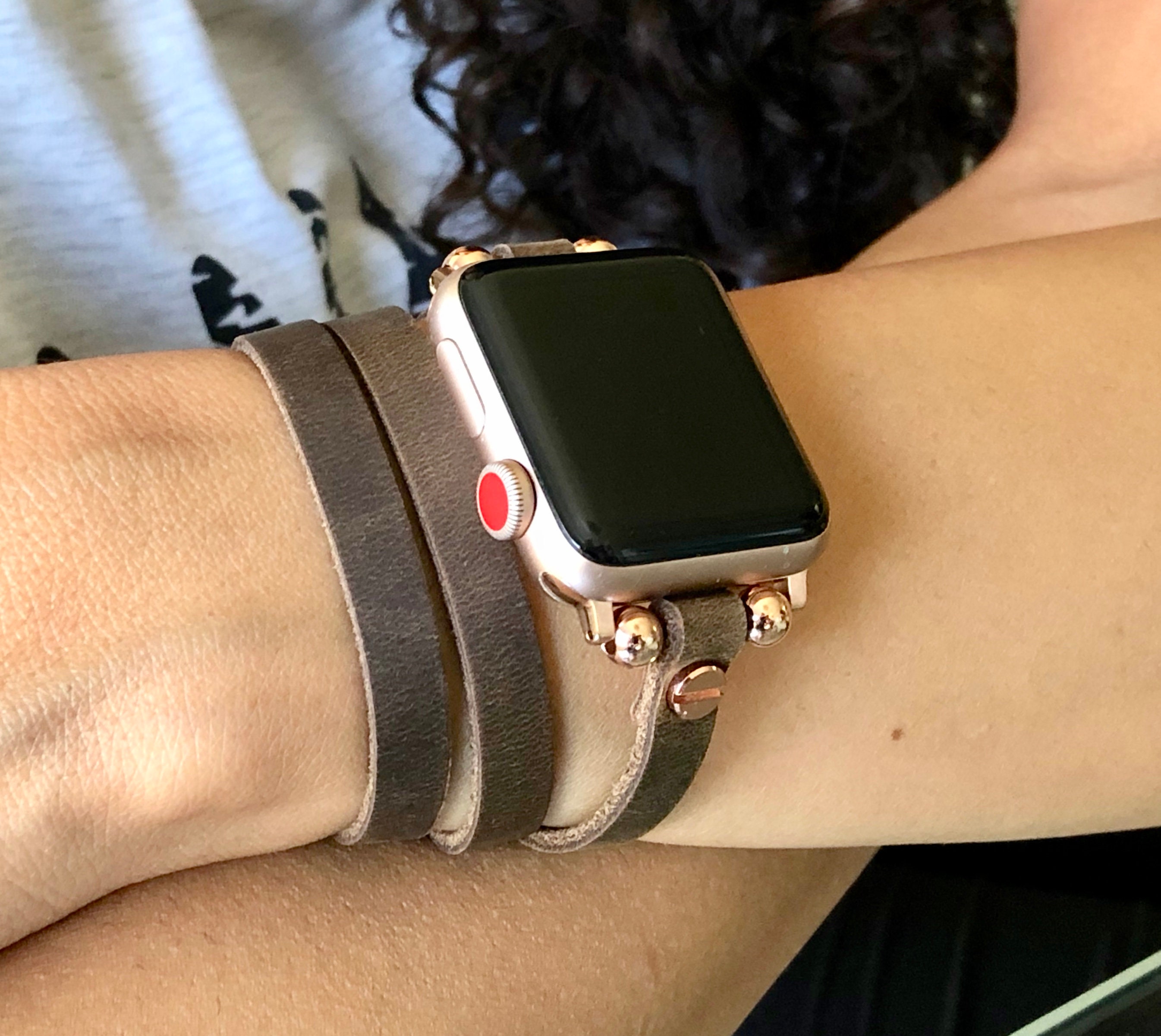 Rose Gold & Rustic Leather Apple Watch Band 38mm 40mm 42mm 44mm Multi Wrap Slim iWatch Bracelet