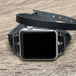 Uhrenarmband aus schwarzem Leder: Schmales Wickelarmband für iWatch Bild 4