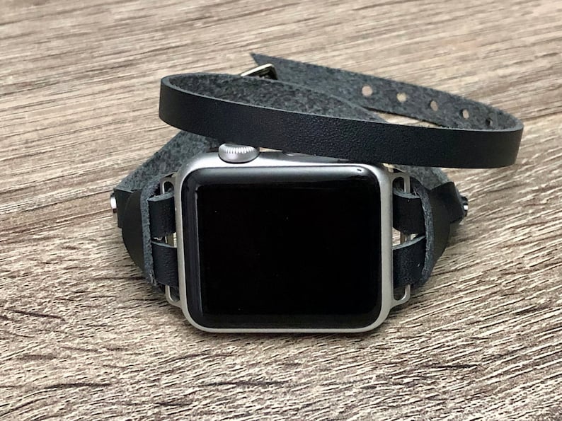 Uhrenarmband aus schwarzem Leder: Schmales Wickelarmband für iWatch Bild 4