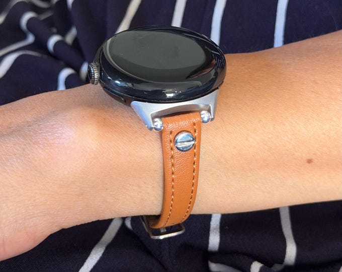 Slim Brown Leather Google Pixel Watch Band Strap, Silver Accents Bracelet