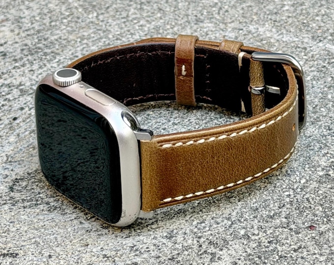 Genuine Leather Apple Watch Strap, Vintage Tan Stitched Band for Men, Adjustable Size Wristband