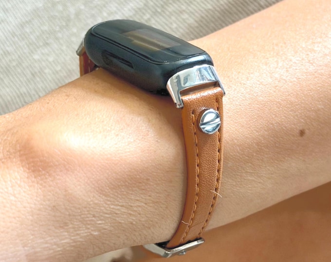 Light Brown Leather Fitbit Inspire 3 Band, Slim Strap for Women, Silver Accents Bracelet