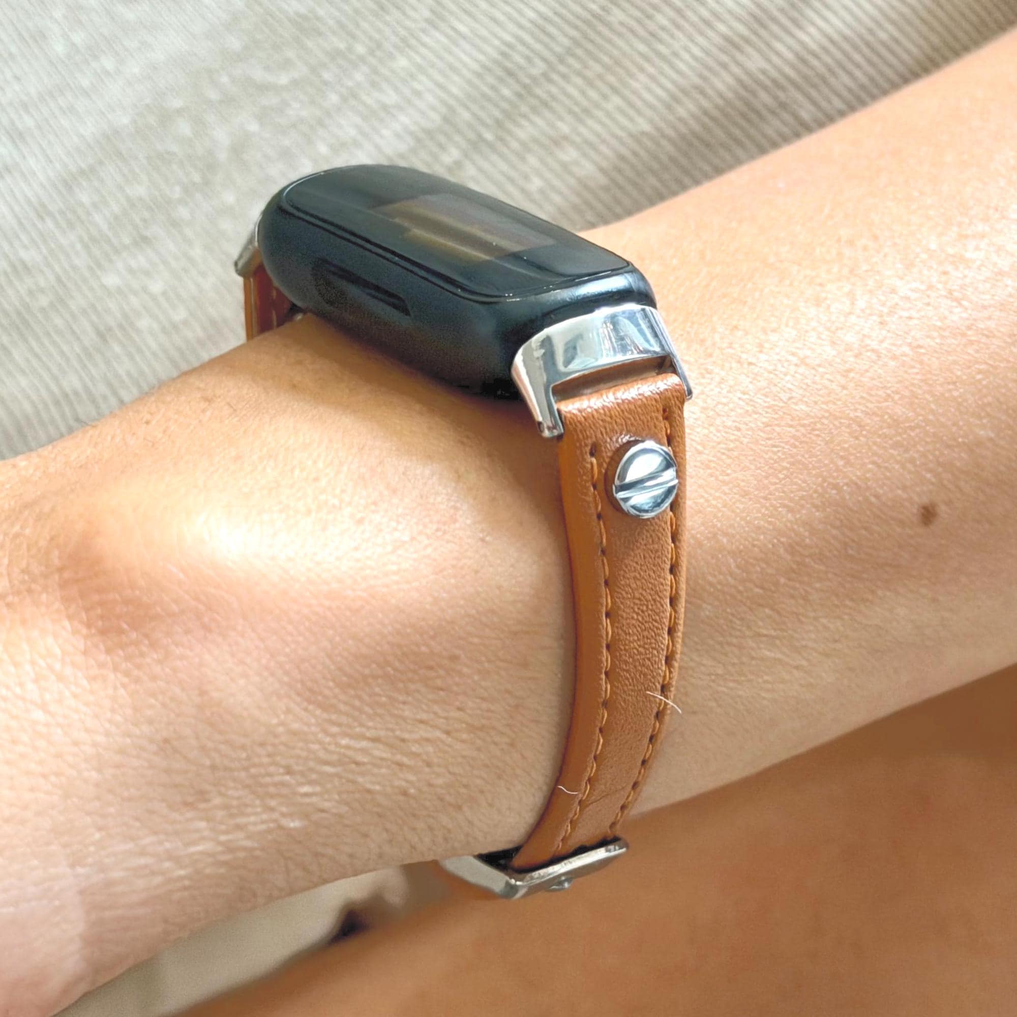 Light Brown Leather Fitbit Inspire 3 Band Slim Strap Silver Accents Bracelet