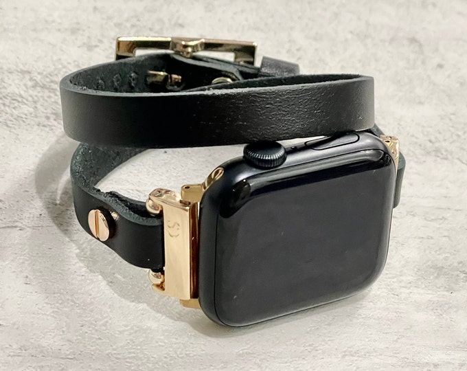 Custom Apple Watch Band Double Wrap Black Genuine Leather - 46mm, 42mm, 45mm, 41mm, 40mm, 44mm, 49mm - Gold Accents - Unique Gift for Her