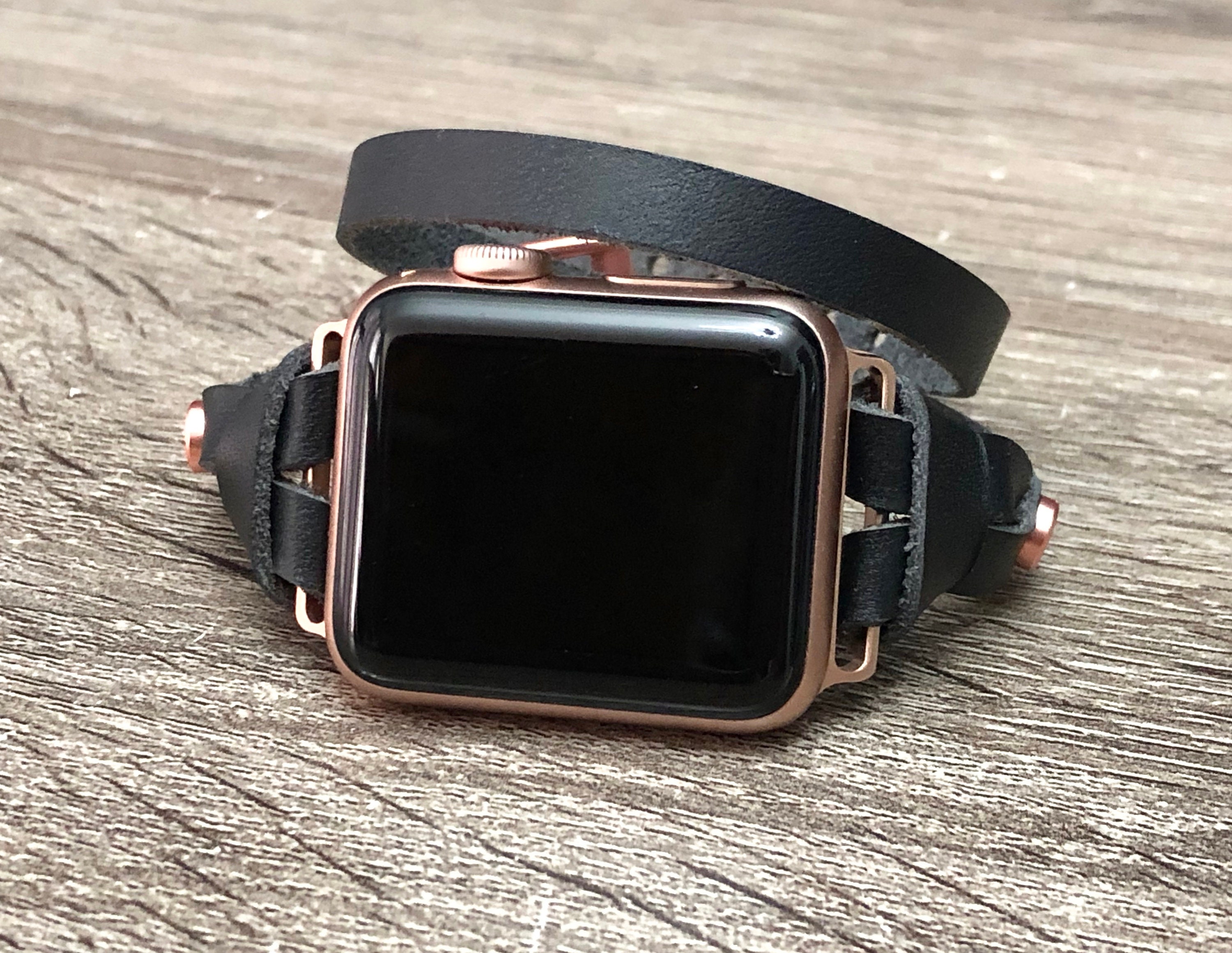 Rose Gold & Black Leather Apple Watch 38mm 40mm 42mm 44mm Band Apple Watch Women Bracelet Strap