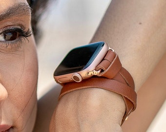 Bracelet Apple Watch en cuir marron clair : bracelet double tour, bracelet fait main