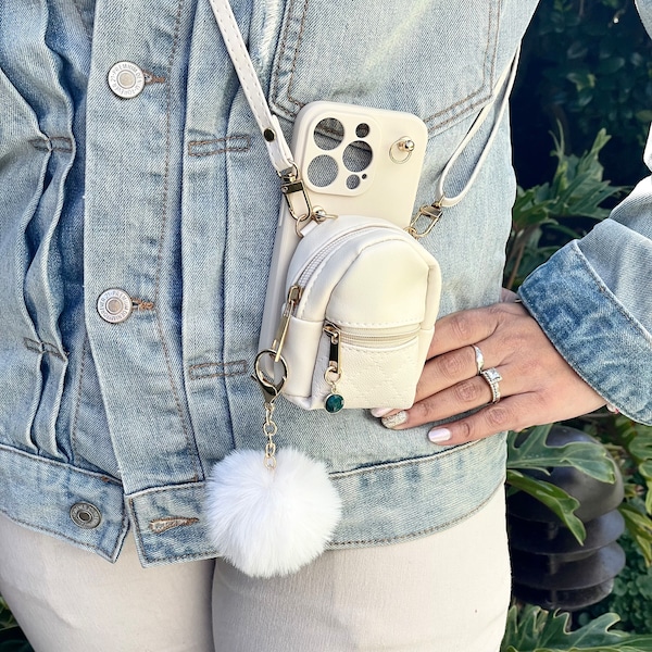 White Crossbody Leather Case Bag for iPhone 15 Pro 15 Plus 15 Pro Max with Fluffy Faux Fur Ball and Natural Stone Phone Shoulder Strap Purse